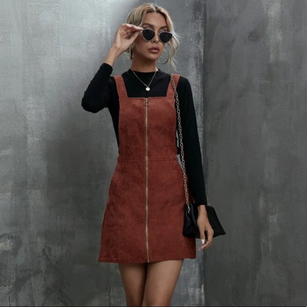 Lightweight Rust Colored Zip Up Overall Dress